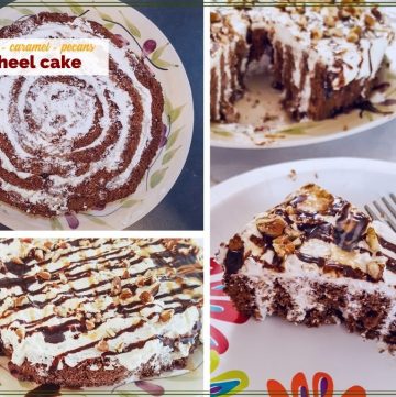 Collage of chocolate pinwheel cake images with text overlay "chocolate - caramel - pecan pinwheel cake"