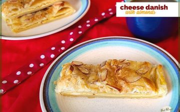 homemade cream cheese danish on plates with coffee cup and text overlay "cheese danish with almonds"