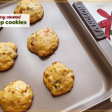 cookies on a baking pan with text overlay "cherry coconut drop cookies"