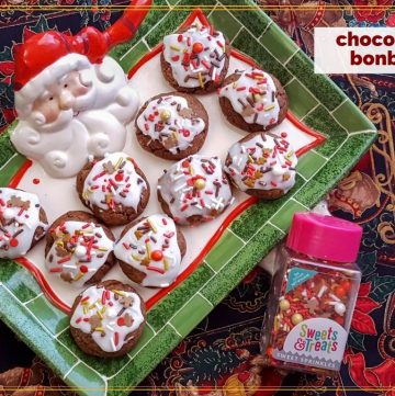 cookies on a Santa plate with text overlay "very versatile chocolate bonbons"