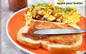 knife spreading apple butter on a piece of toast with text overlay "maple apple pear butter"