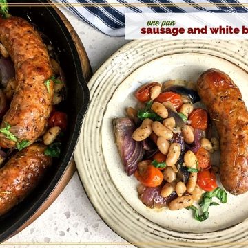 top down view of cast iron skillet meal with text overlay "one oan sausage and white beans"