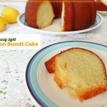 slice of Bundt cake on a plate with text overlay "lusciously light lemon Bundt cake"