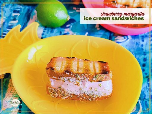 ice cream sandwich in a bowl with text overlay "strawberry margarita ice cream sandwiches"