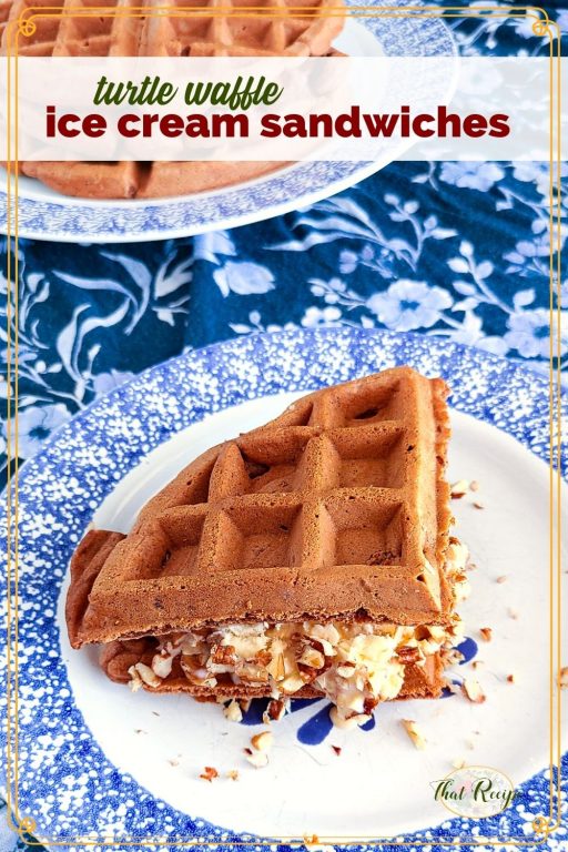 Waffle ice cream sandwich on a plate with text overlay "turtle waffle ice cream sandwiches"