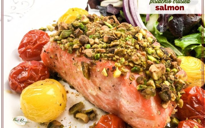 piece of salmon covered with chopped pistachios with text overlay "pistachio crusted salmon"