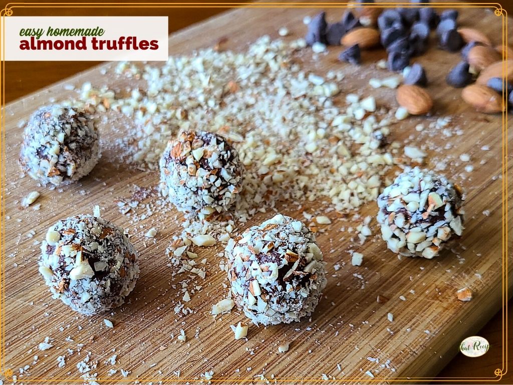 chocolate truffles on a cutting board with text overlay "easy chocolate almond truffles"