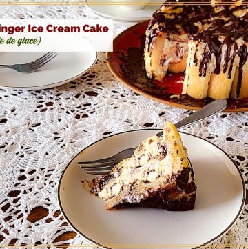slice of ice cream cake on a plate with text overlay "ladyfinger ice cream cake"