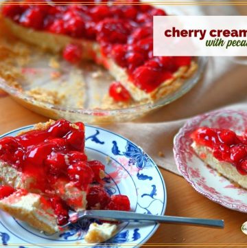 cherry cream pie with pecan crust on a plate
