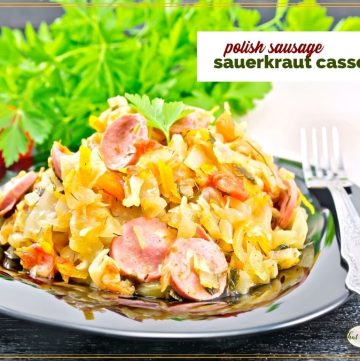 polish sausage sauerkraut casserole on a plate with fresh parsley