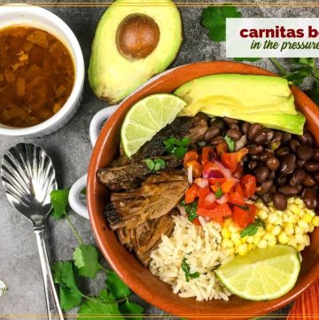 top down view of pork and rice bowl with text overlay "carnitas bowls in the pressure cooker"
