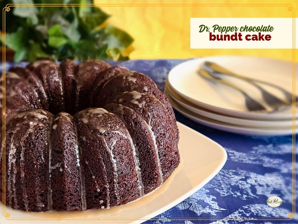 chocolate cake on a plate with text overlay "Dr. Pepper Chocolate Bundt Cake"