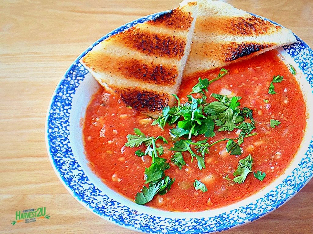traditional gazpacho in a bowl with toast.