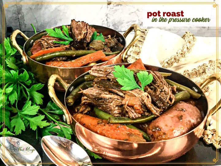 bowls of pot roast with text overlay "pot roast in the pressure cooker"