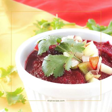bowl of beet gazpacho soup