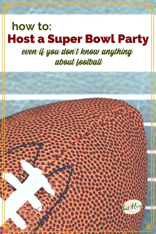 football on gridlines with text overlay "How to Host a Super Bowl Party"
