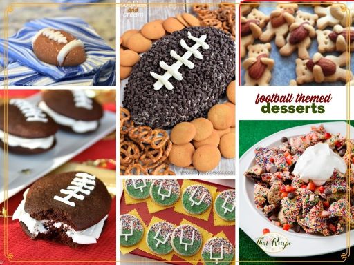 collage of football shaped desserts