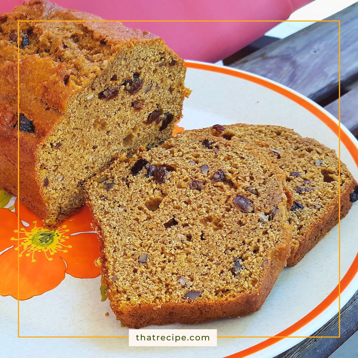 slices of carrot bread filled with raisins and nuts.