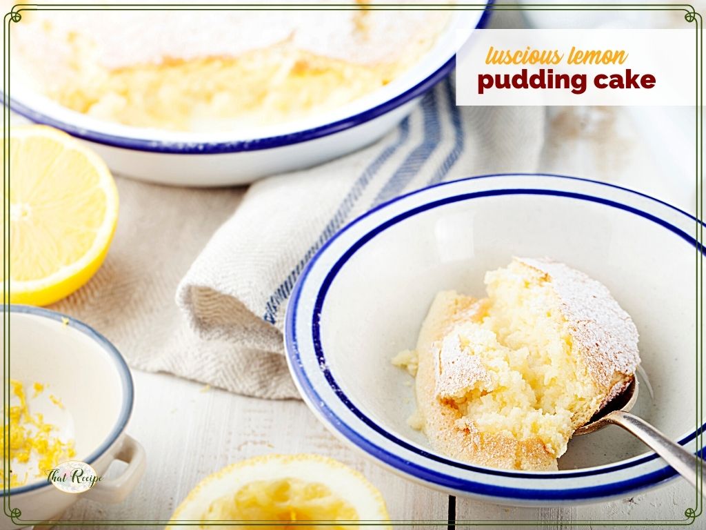 pudding cake in a bowl with text verlay "lemon pudding cake"