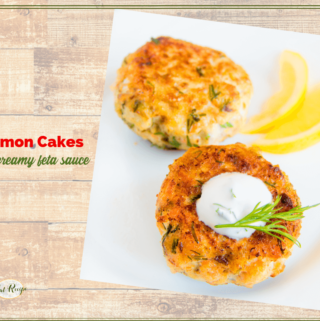 salmon cakes on plate with text overlay "zesty salmon cakes and feta sauce"