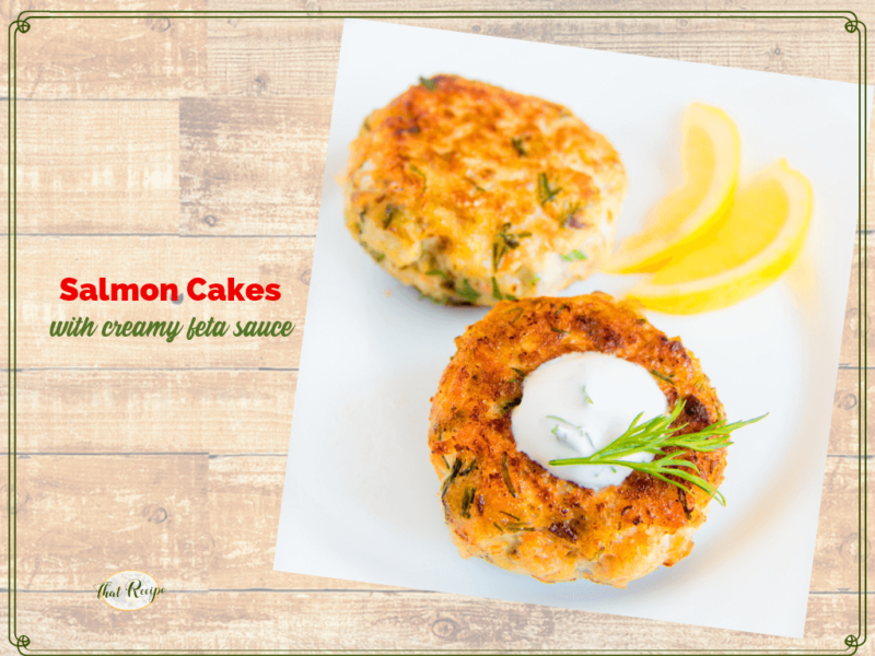 salmon cakes on plate with text overlay "zesty salmon cakes and feta sauce"