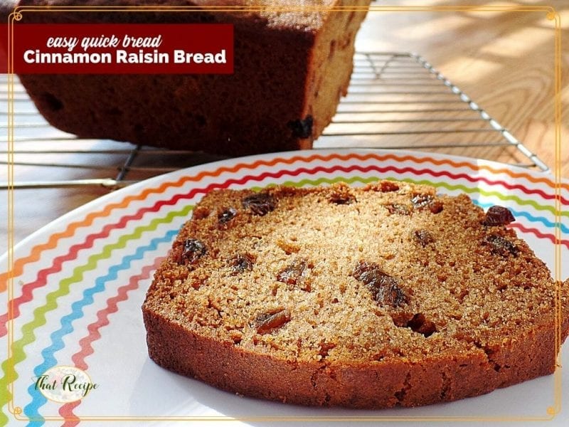 slice of bread on a plate with text overlay "cinnamon raisin bread"