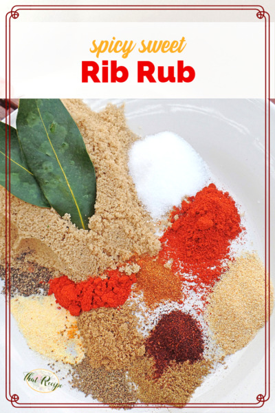 spices on a plate with text overlay "sweet and spicy rib rub"