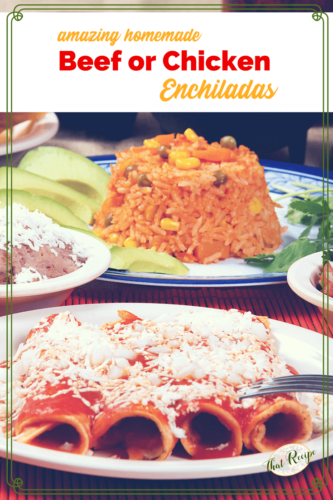 plate of red enchiladas with other Mexican foods.
