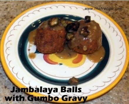 deep fried jambalaya balls with gumbo gravy