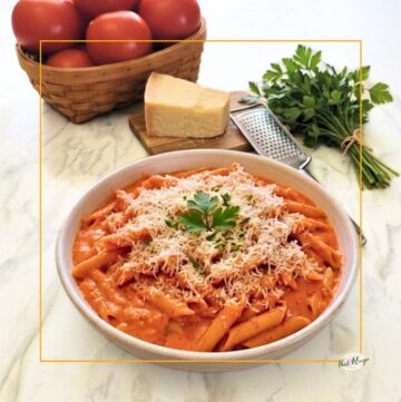 pasta alla vodka in a bowl on a marble background