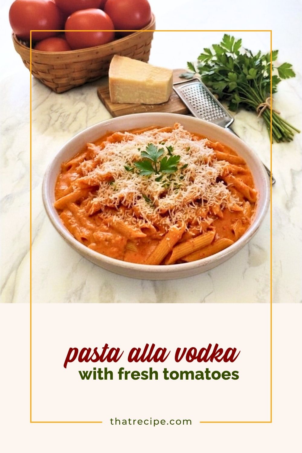 pasta alla vodka in a bowl on a marble background