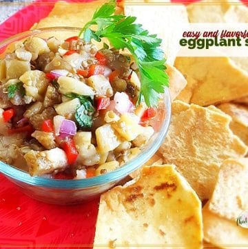 plate of salsa and chips with text overlay "easy and flavorful eggplant salsa"