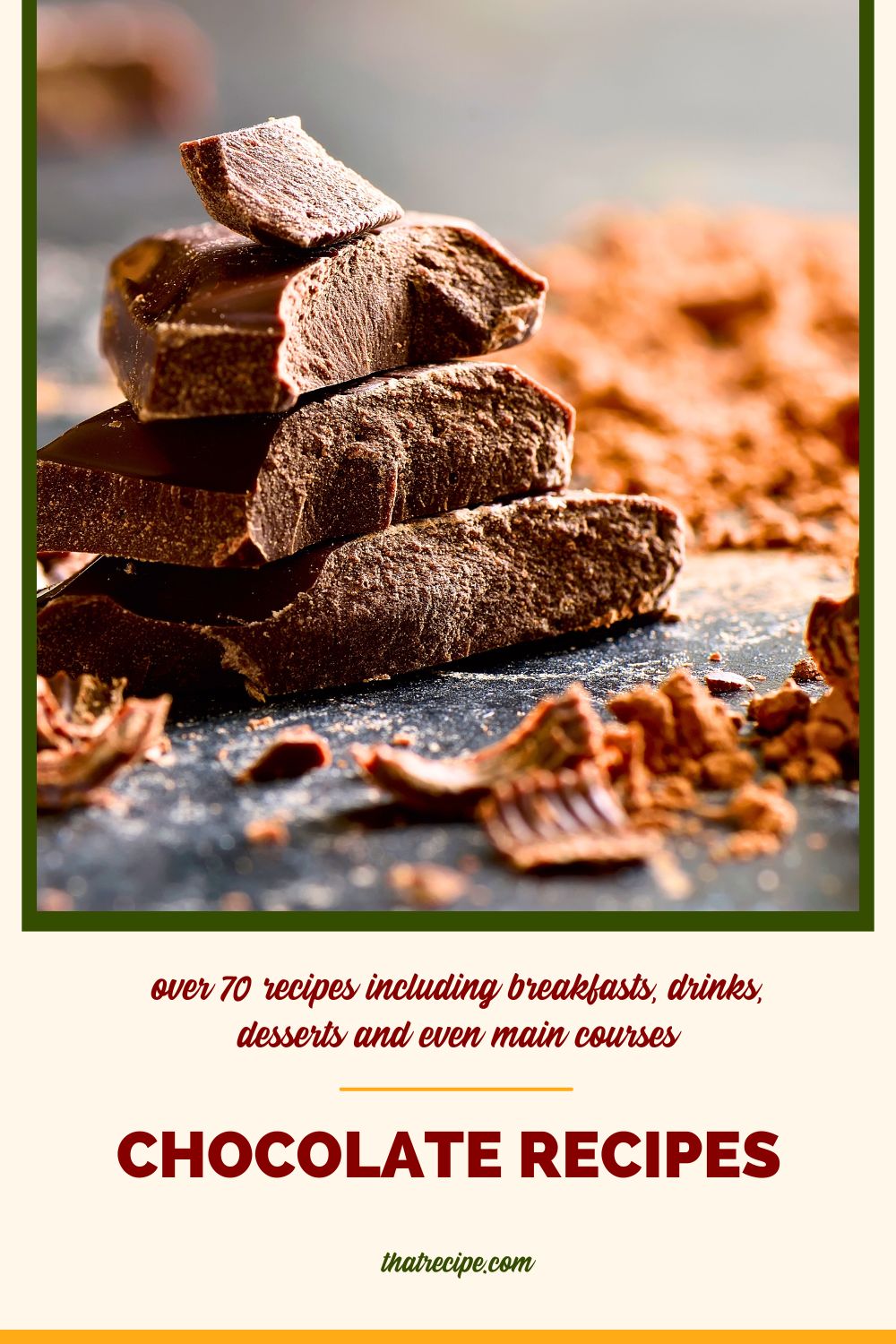 chocolate bars and shaved chocolate with text overlay "chocolate recipes"