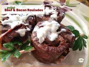 rolled beef skewers with text overlay "Beef and Bacon Roulades"