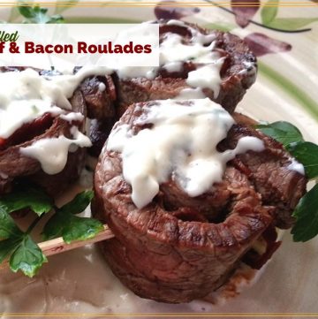 rolled beef skewers with text overlay "Beef and Bacon Roulades"