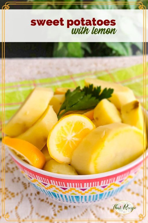 sweet potatoes and lemon slices in a bowl