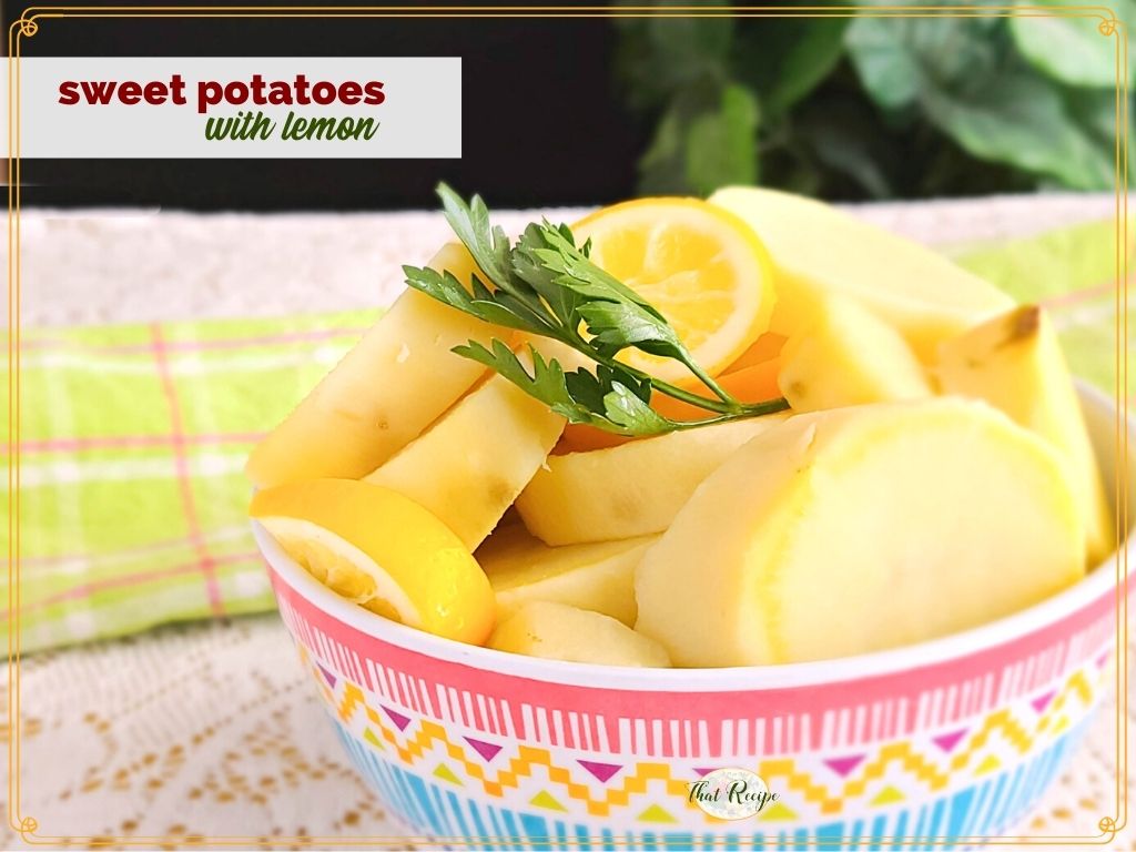 sweet potatoes and lemon slices in a bowl