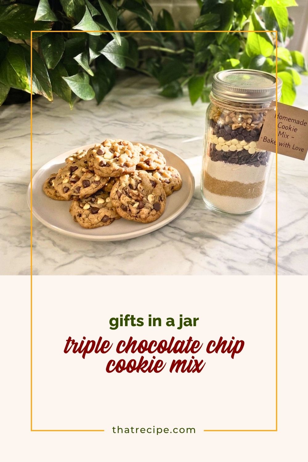 plate of triple chocolate chip cookies with a jar filled with cookie mix