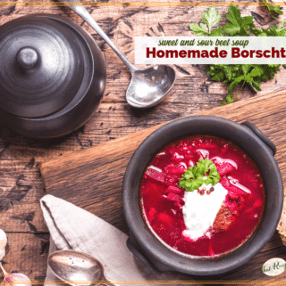 bowl of borscht on a table with text overlay "Homemade Borscht sweet and sour beet soup"