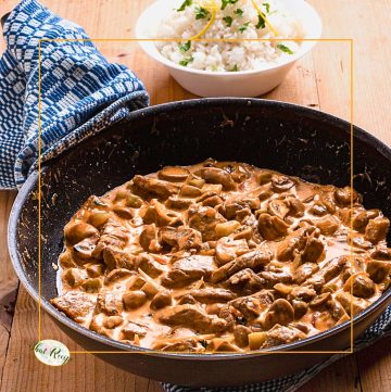 beef stroganoff in a cast iron skillet