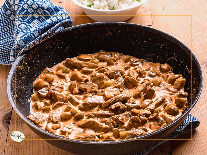 beef stroganoff in a cast iron skillet