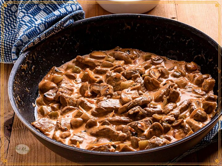 beef stroganoff in a cast iron skillet