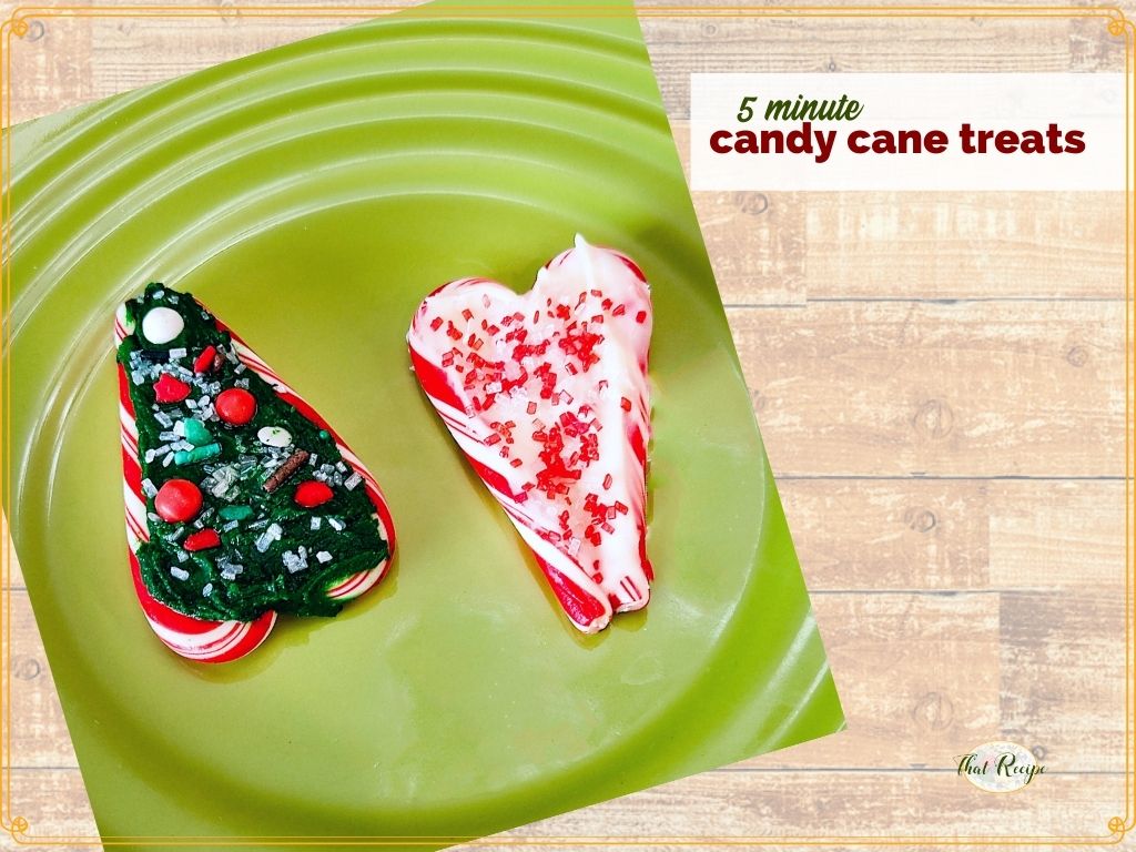 heart and tree candies made from candy canes with text overlay "5 minute candy cane treats"