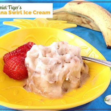 banana ice cream in a bowl with text overlay "Daniel Tiger's Banana Swirl Ice Cream"