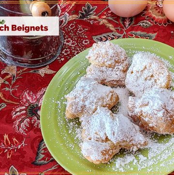 beignets on a plate with text overlay "no rise French Beignets"