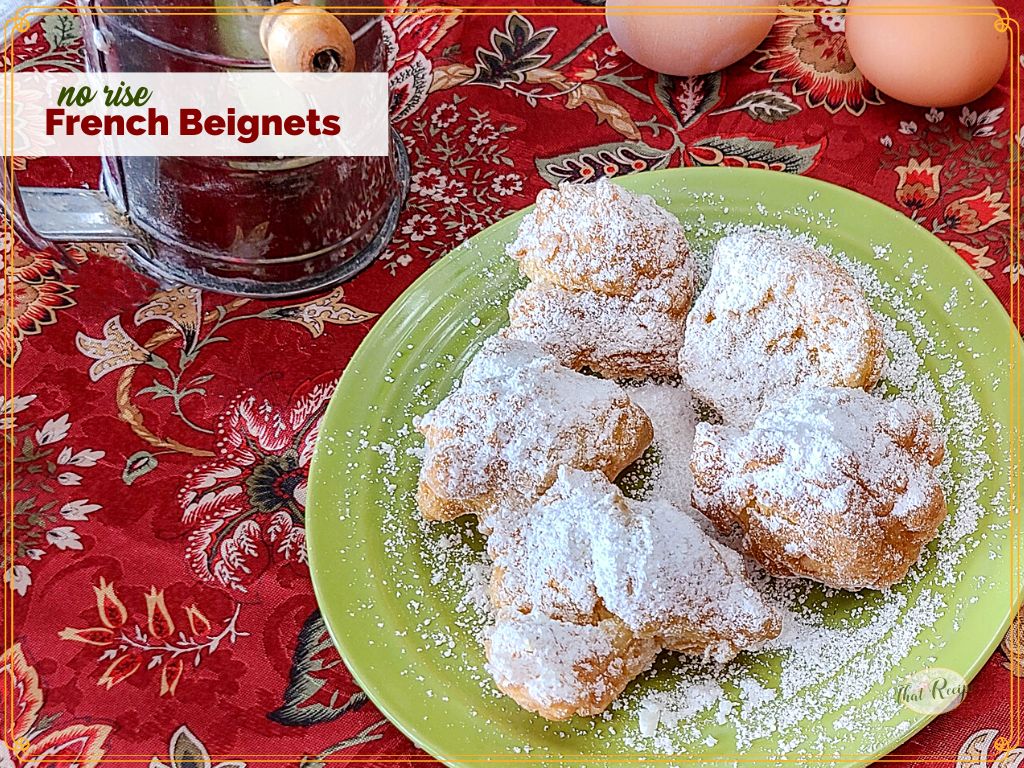 beignets on a plate with text overlay "no rise French Beignets"
