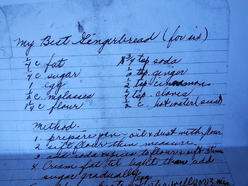 Gingerbread recipe in Aunt Jeanne's handwriting