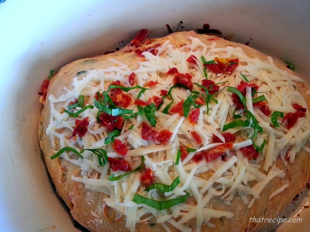 No Knead Caprese Artisan Bread ready for final bake