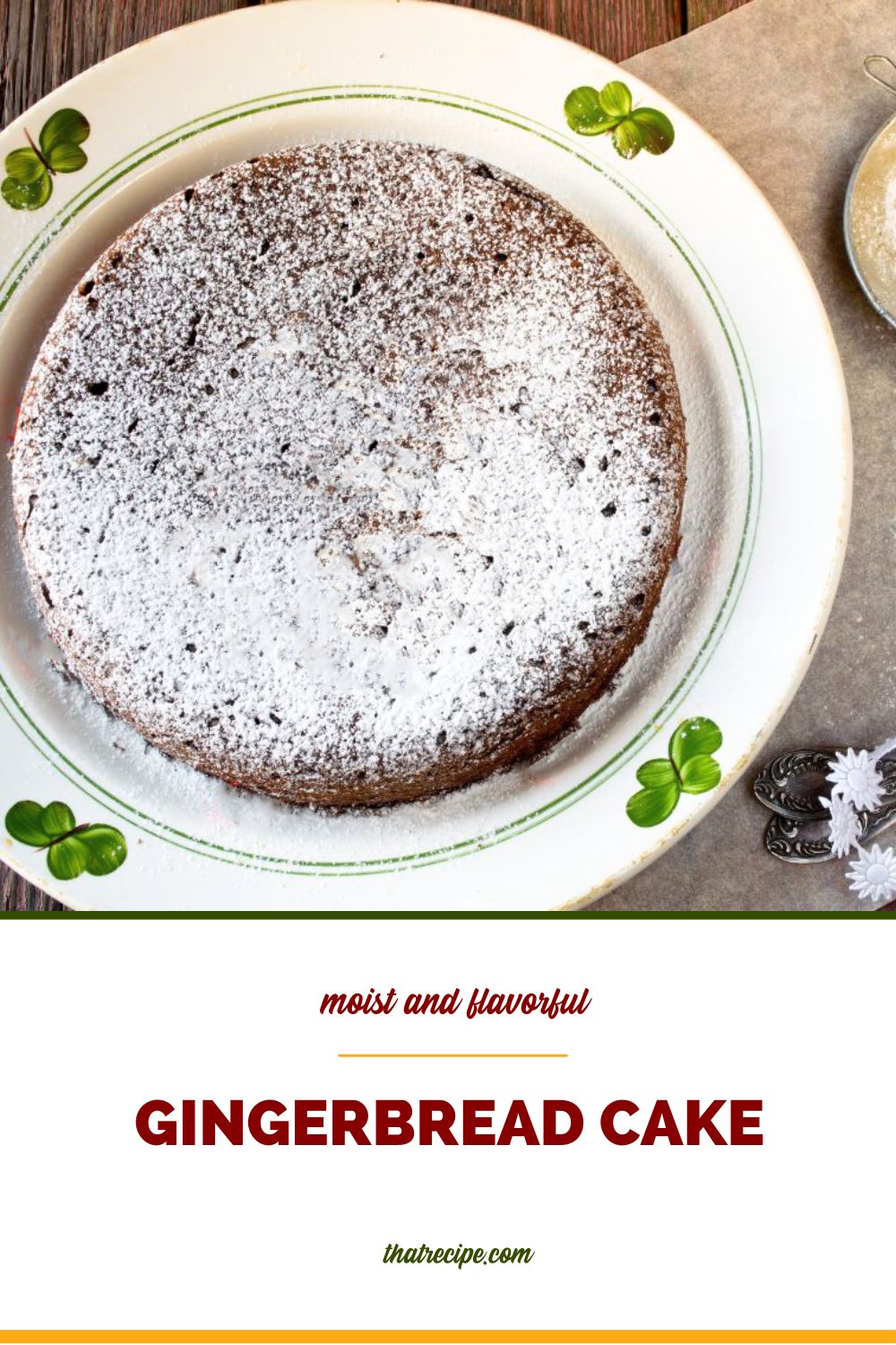 gingerbread cake topped with powdered sugar