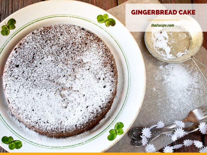 gingerbread cake topped with powdered sugar